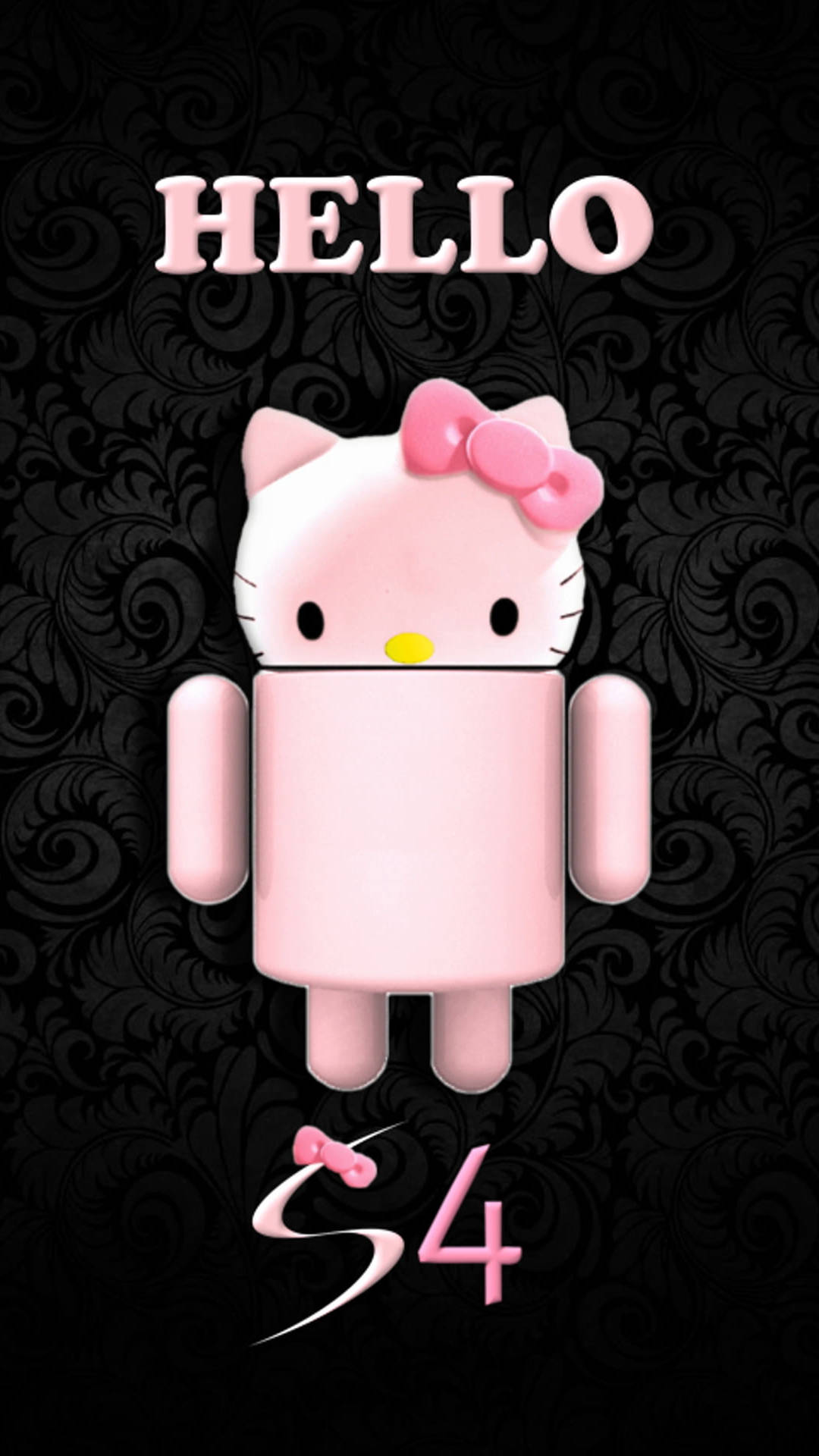 Kitty 桌布 壁紙 — 粉紅色 Hello Kitty Android 機器人站在黑色華麗漩渦背景前，帶有 'HELLO' 和 'S4' 文字。