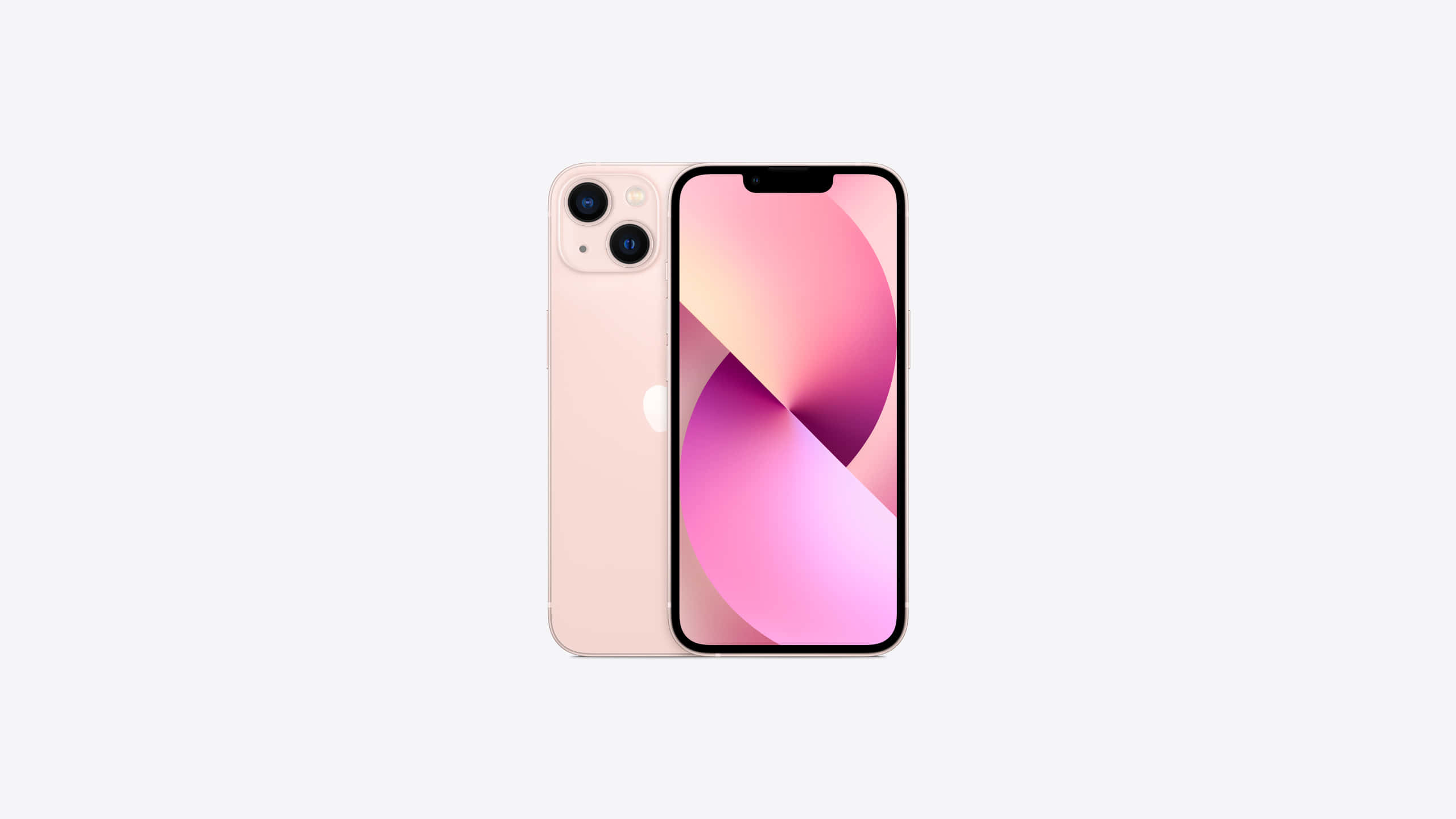 Apple Phone 桌布 壁紙 — 粉紅色 iPhone 13 mini 正面和背面顯示在純白色背景上，帶有漸變粉紅紫色螢幕。
