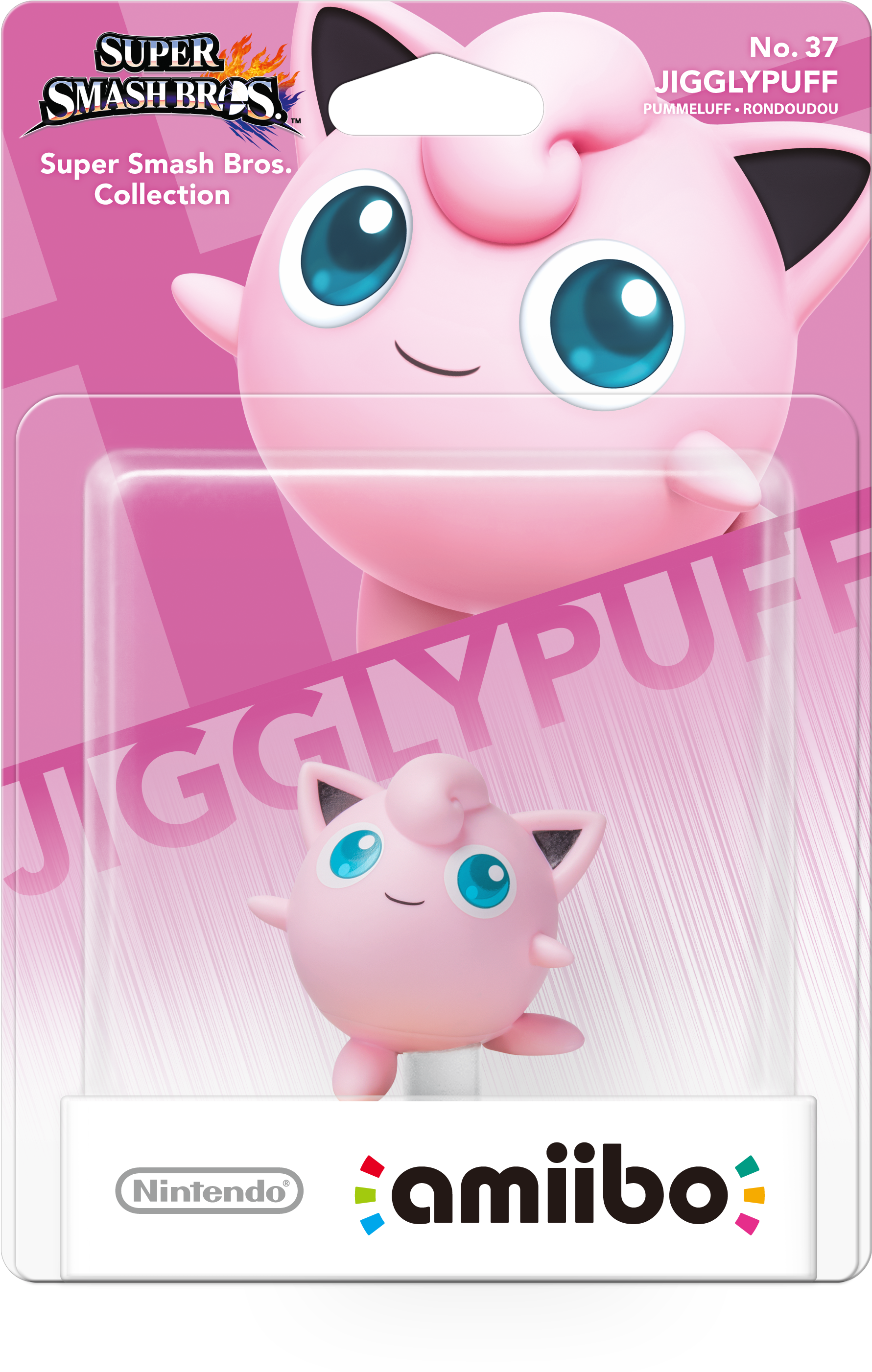 胖丁 桌布 壁紙 — 粉紅色 Jigglypuff amiibo 公仔，原裝包裝，大藍眼睛，微笑臉。