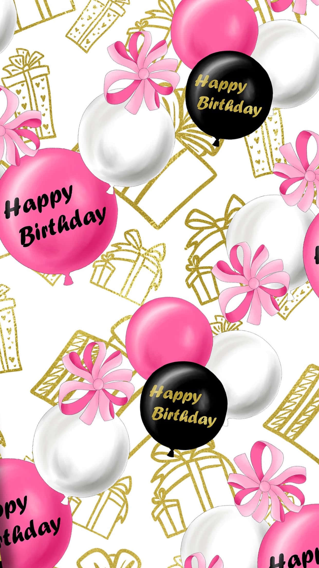 Birthday Wishes 桌布 壁紙 — 粉紅色、白色和黑色的氣球上寫有生日快樂字句，漂浮在金黃色禮物盒和粉紅色蝴蝶結之間，背景為白色。