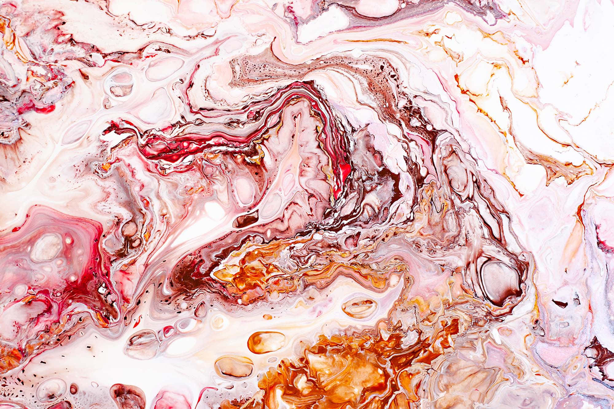 Paint Texture 桌布 壁紙 — 粉紅色、紅色和金色的鮮豔抽象漩渦在奶油白色背景上以有機圖案流動。