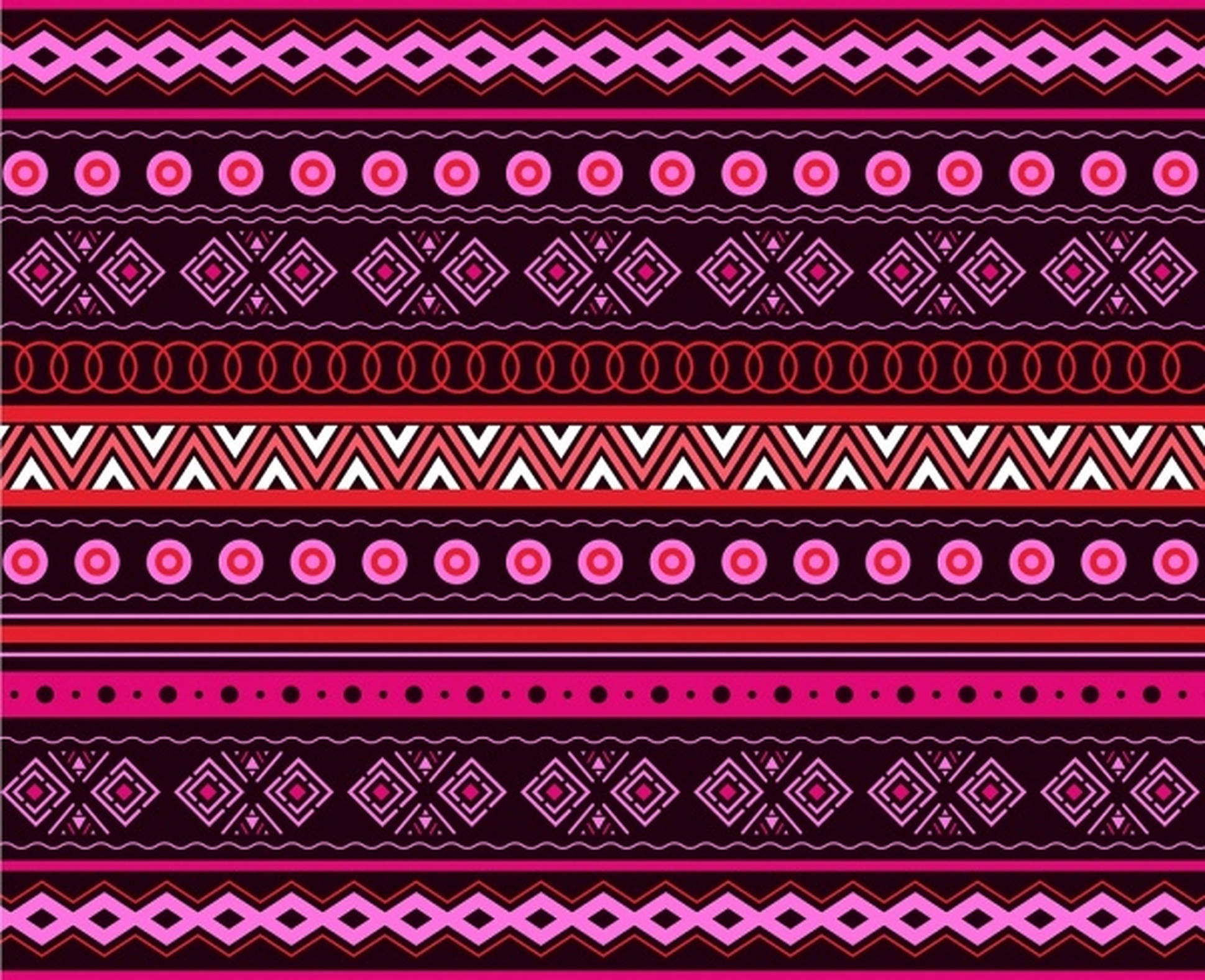 Tribal 桌布 壁紙 — 粉紅色、紅色和黑色的鮮豔幾何部落圖案在壁紙上形成重複的水平條帶。