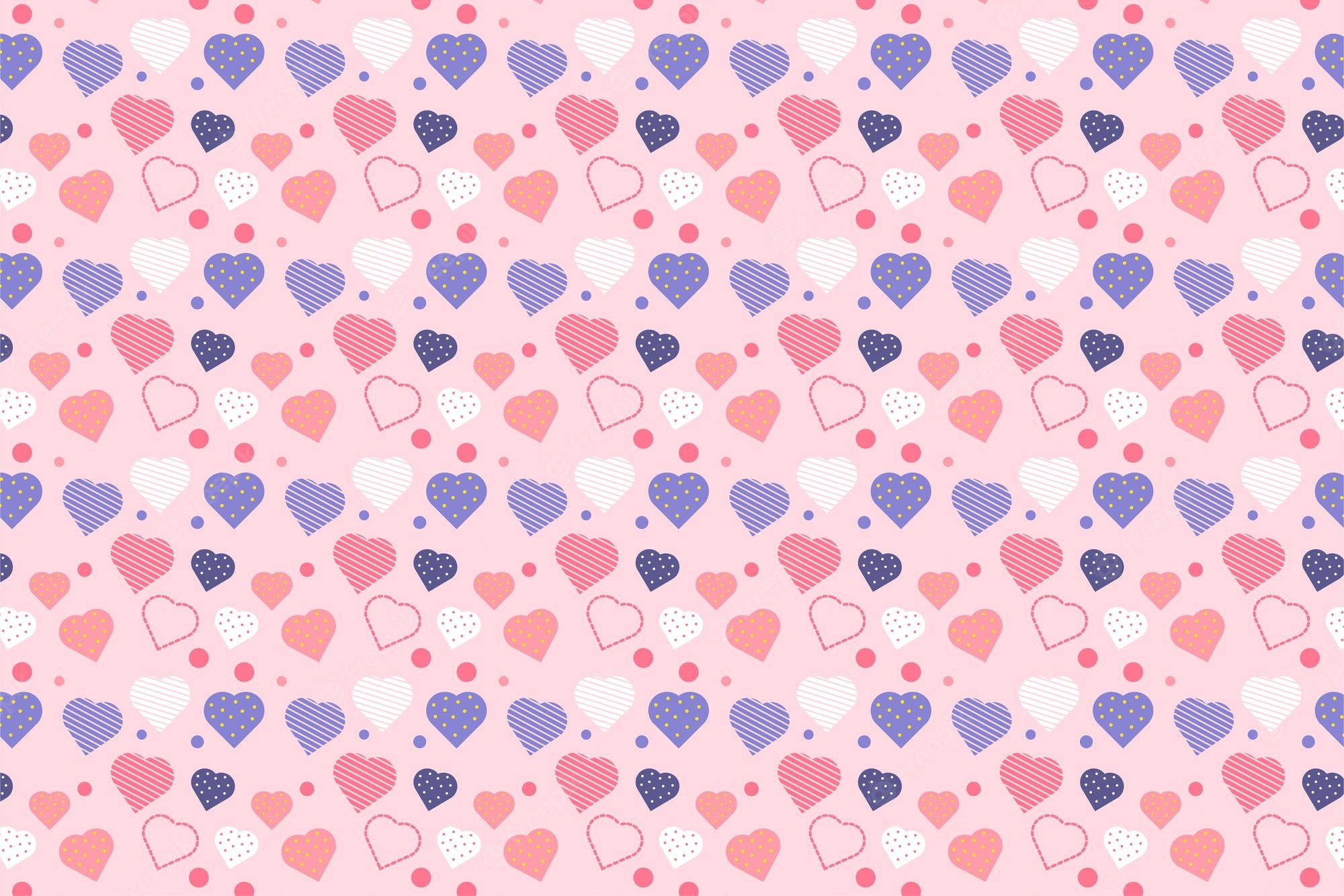 Tumblr Valentines Day 桌布 壁紙 — 粉紅色、紫色和白色的點點和條紋圖案重複心形圖案的粉彩粉紅色壁紙。