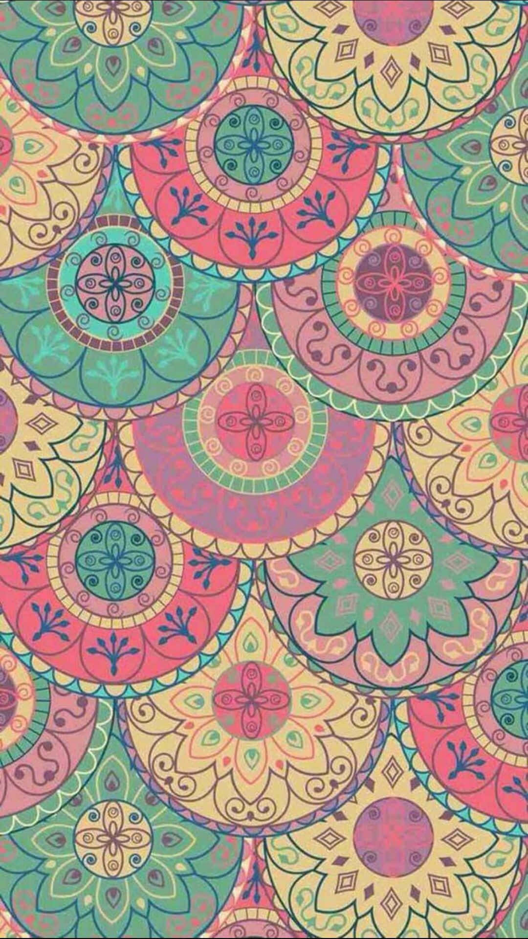 Paisley 桌布 壁紙 — 粉紅色、綠色和黃色的鮮豔手繪曼陀羅圖案創造出重複的裝飾性壁紙設計。