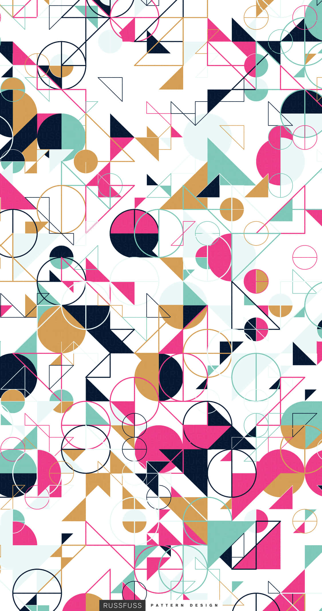 Pattern Phone 桌布 壁紙 — 粉紅色、藍綠色、金色和黑色的鮮豔幾何形狀在淺色背景上形成動態抽象圖案。