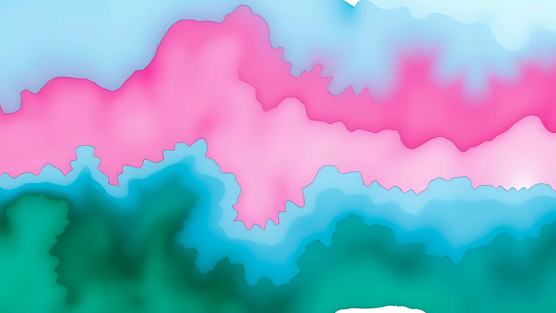 Abstract watercolor illustration with pink, blue, and green colors 壁紙 — 粉紅色、藍綠色和藍色的抽象分層紙藝剪裁，營造出波浪形的多彩背景。