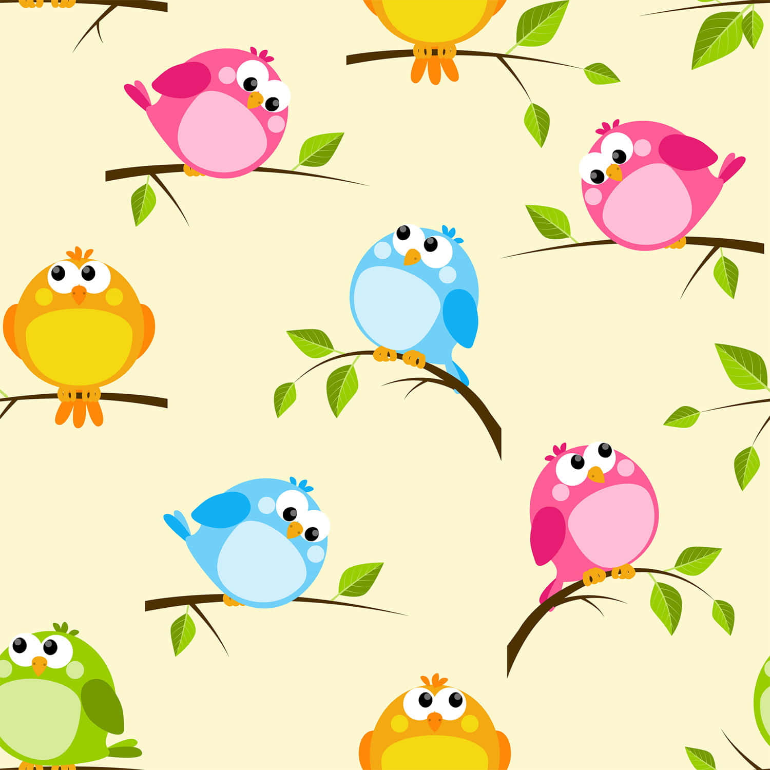 Kawaii Bird 桌布 壁紙 — 粉紅色、藍色、黃色和綠色的可愛卡通鳥兒棲息在樹枝上，背景是柔和的奶油色。