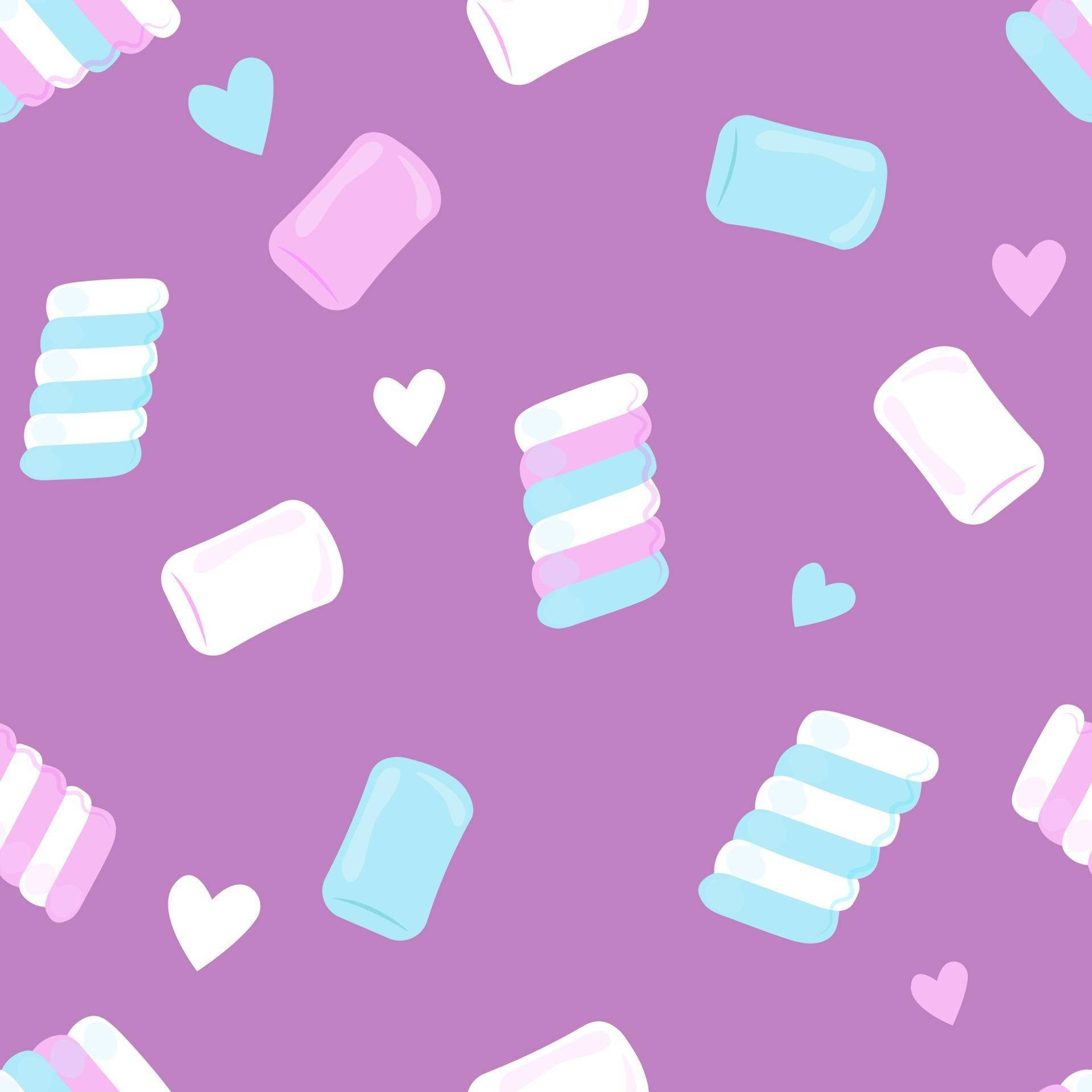 在紫色背景上，以柔和色彩呈現的甜美棉花糖和心形。 — Squishmallows 壁紙