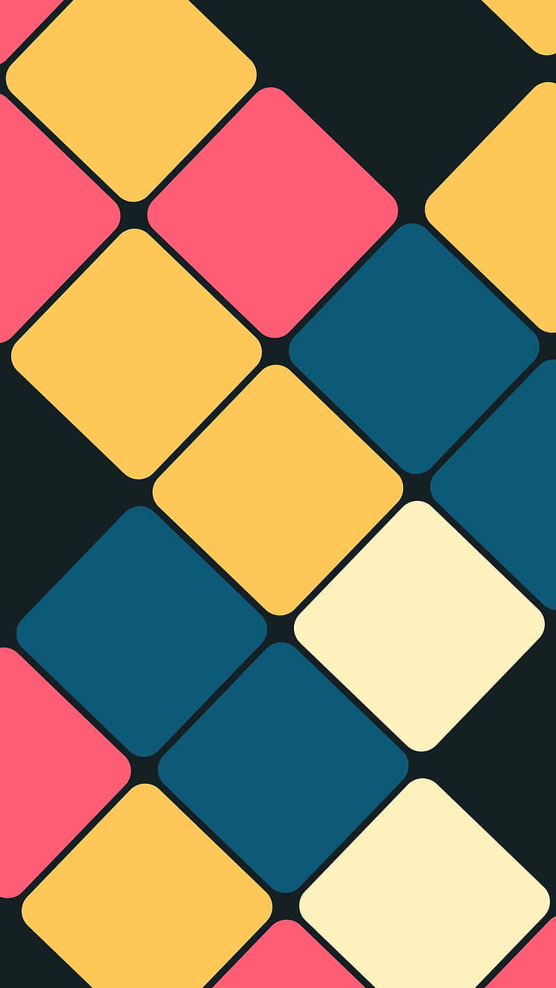 Pattern Phone 桌布 壁紙 — 粉紅色、黃色和藍綠色的鮮豔重疊鑽石形狀在深色背景上形成大膽的幾何圖案。