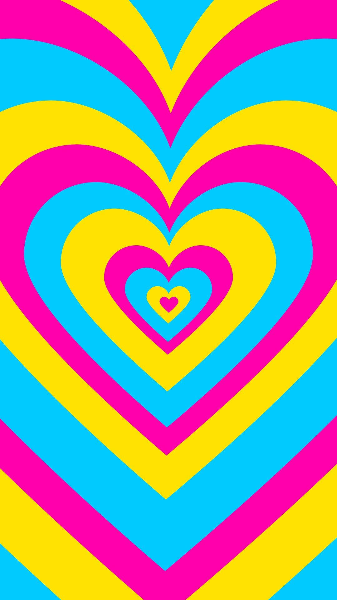 Pansexual 桌布 壁紙 — 粉紅色、黃色和青色的鮮豔同心心形從中心向外放射，形成大膽的迷幻圖案。