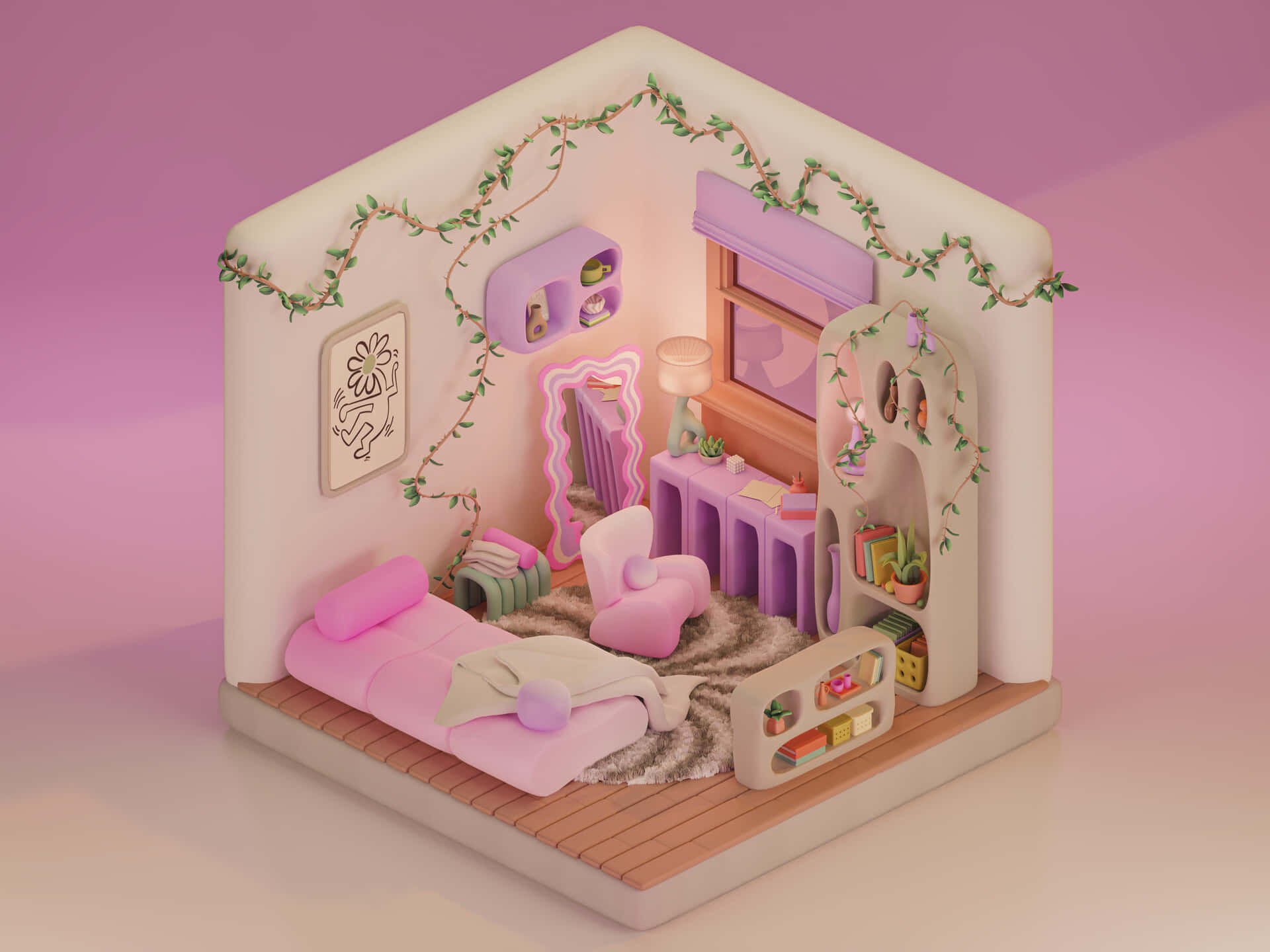 Kawaii Room 桌布 壁紙 — 粉紅色3D渲染迷你臥室，配有藤蔓、舒適家具和柔和燈光。