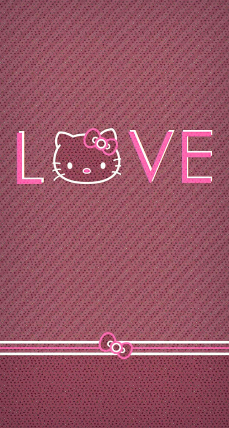 桌布 壁紙 — 粉紅色Hello Kitty標誌取代了LOVE文字中的O，背景為帶有紋理的栗色背景，配有白色絲帶和蝴蝶結。