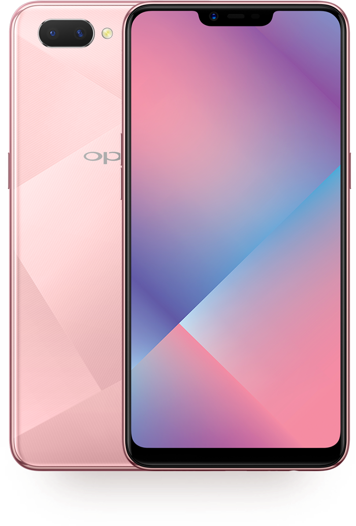 Oppo Mobile 桌布 壁紙 — 粉紅色OPPO智慧型手機，顯示正面和背面，帶有漸變螢幕和雙後置相機。