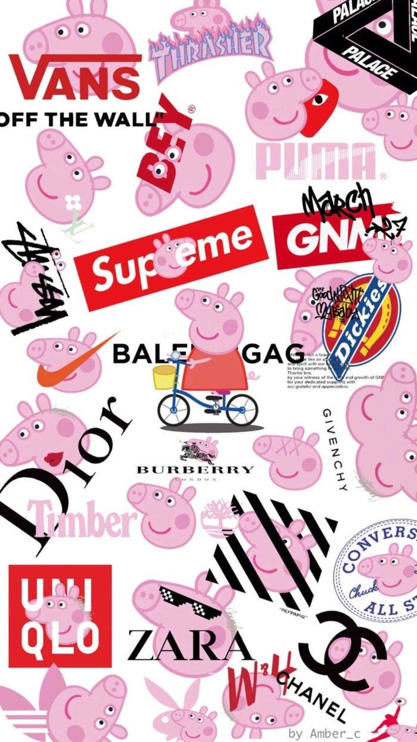 佩佩豬 桌布 壁紙 — 粉紅色Peppa Pig角色與奢華及街頭服飾品牌標誌重疊，形成混亂的流行文化拼貼。