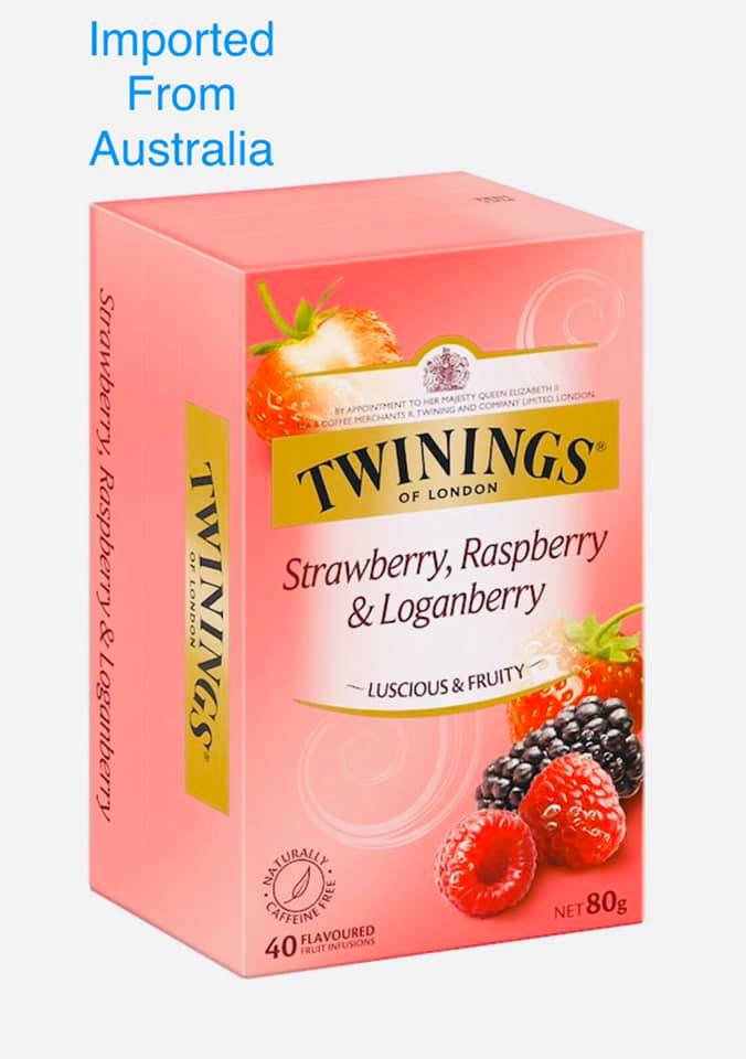 Berry 桌布 壁紙 — 粉紅色Twinings茶盒，含有草莓、覆盆子及羅甘莓口味，附有新鮮水果圖案及「從澳洲進口」字樣。
