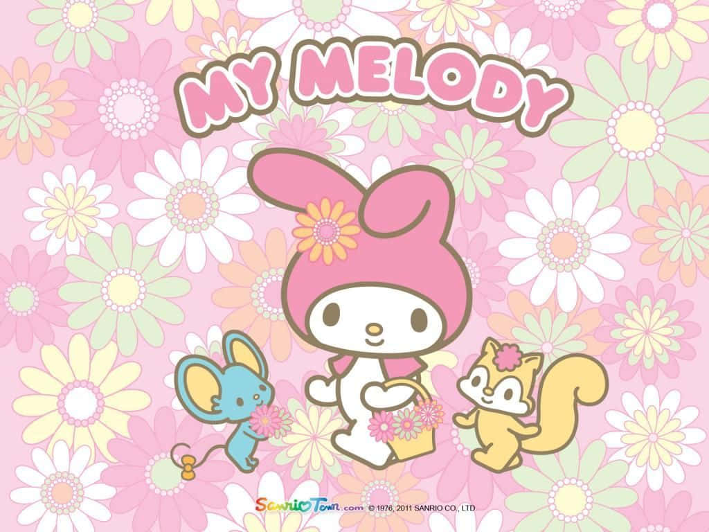 桌布 壁紙 — 粉紅色兔子My Melody在藍色老鼠和黃色松鼠的環繞下，在柔和花卉背景前手持鮮花。