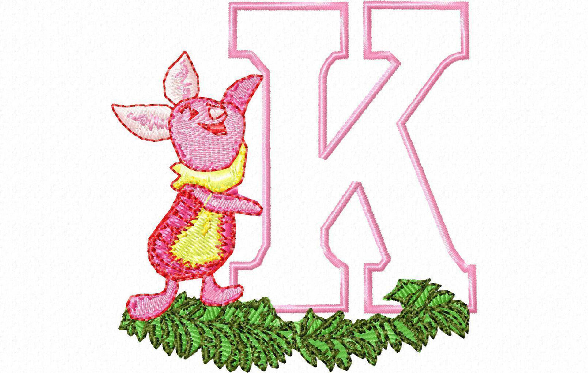字母K動圖 桌布 壁紙 — 粉紅色刺繡小豬愉快地站在綠色葉子底座上的一個大粉紅色字母K旁邊。