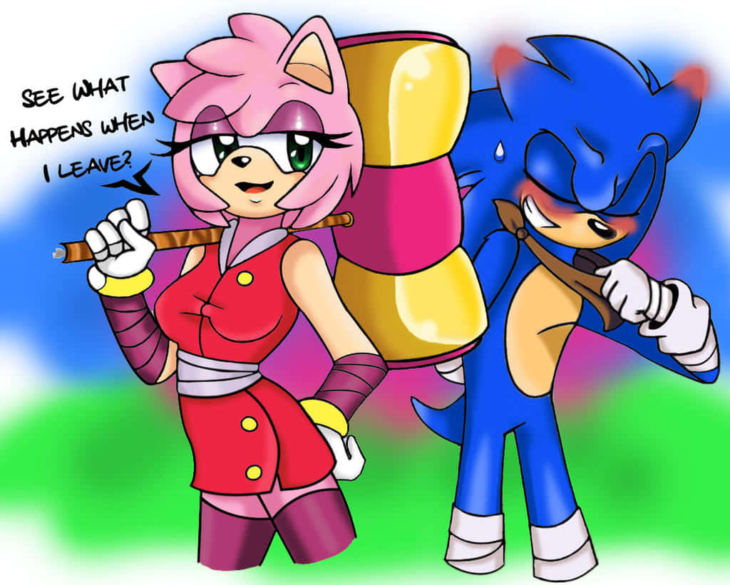 Sonic And Amy 桌布 壁紙 — 粉紅色刺蝟拿著手杖和超大的拐杖糖，得意地站在拿著蝴蝶結的藍色刺蝟旁邊，場景充滿活力卡通風格。