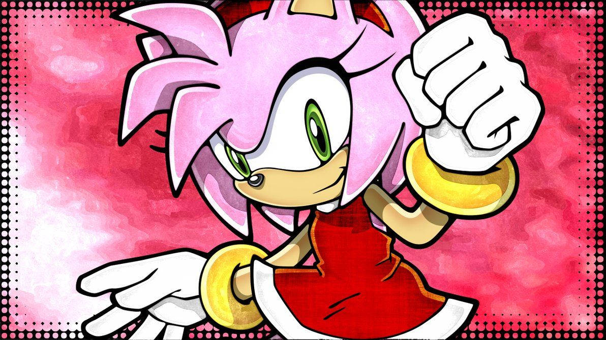 Amy Rose 桌布 壁紙 — 粉紅色刺蝟艾咪·羅斯在充滿活力的粉紅色水彩背景前，自信地擺出舉起拳頭的姿勢。