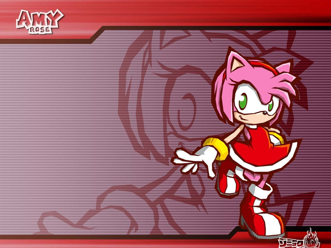 Sonic Battle 桌布 壁紙 — 粉紅色刺蝟艾咪·羅斯穿著紅色連衣裙和靴子，在風格化的紫色和紅色背景前自信地擺姿勢。