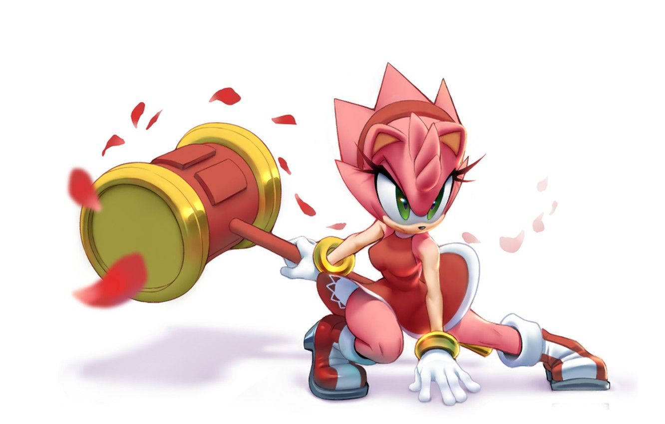 Amy Rose 桌布 壁紙 — 粉紅色刺蝟艾咪·蘿絲揮舞著她巨大的紅色和金色錘子，花瓣在她周圍飛舞，姿勢充滿動感。