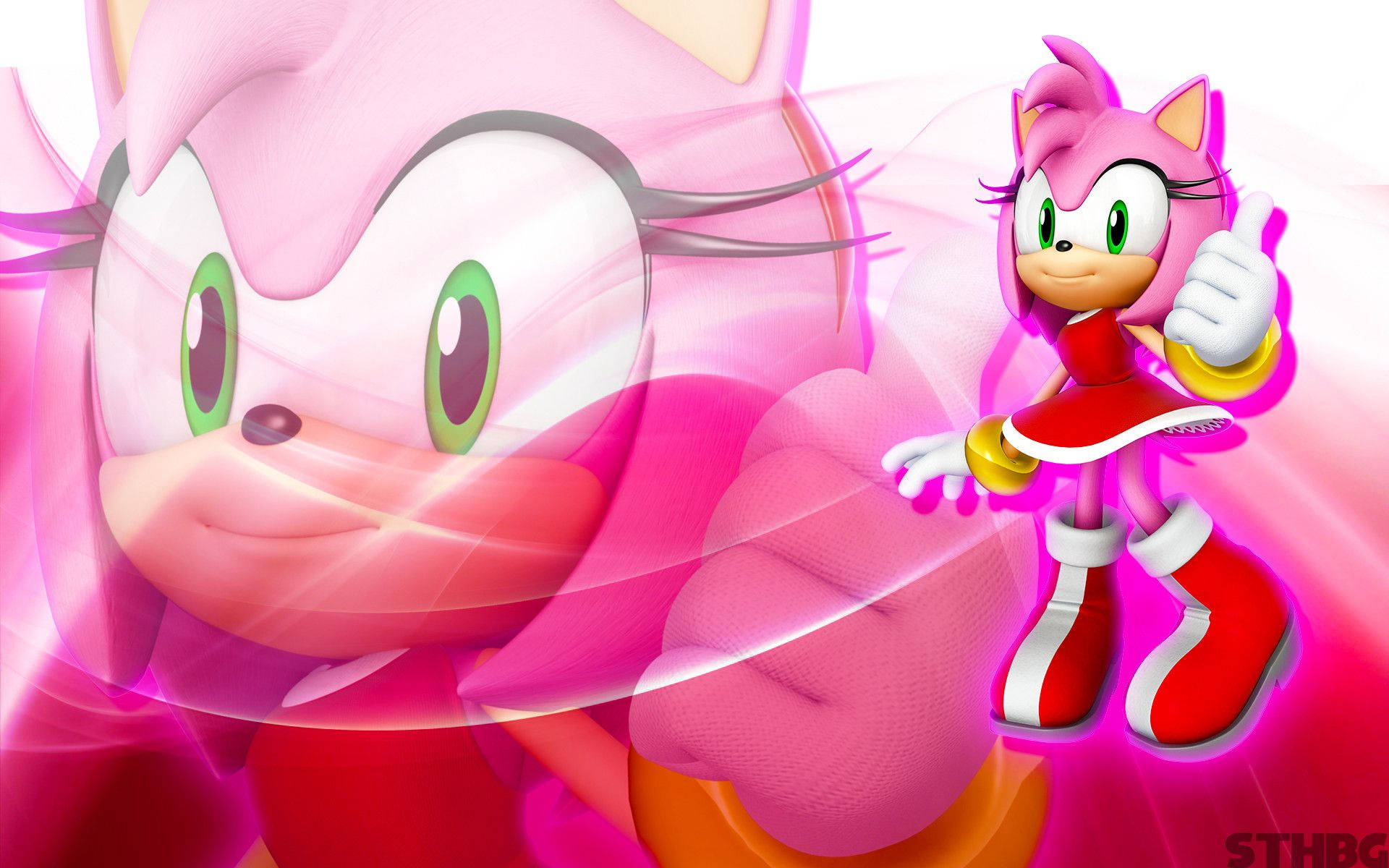 Amy Rose 桌布 壁紙 — 粉紅色刺蝟艾米·羅斯在發光的粉紅色和白色抽象背景前豎起大拇指。