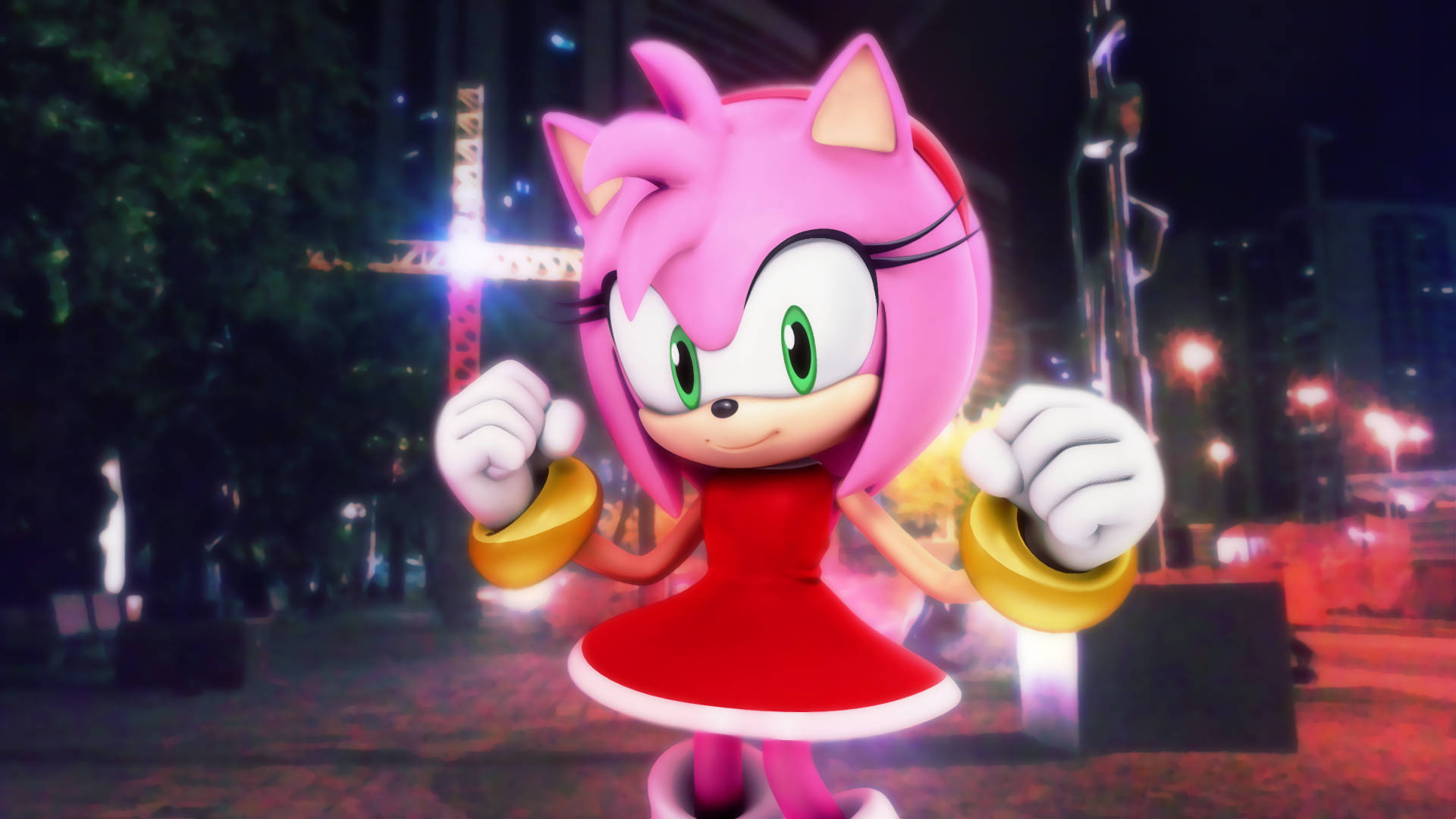 Amy Rose 桌布 壁紙 — 粉紅色刺蝟艾米·羅斯穿著紅色連衣裙和金色戒指，在夜晚霓虹燈閃爍的城市中自信地擺姿勢。