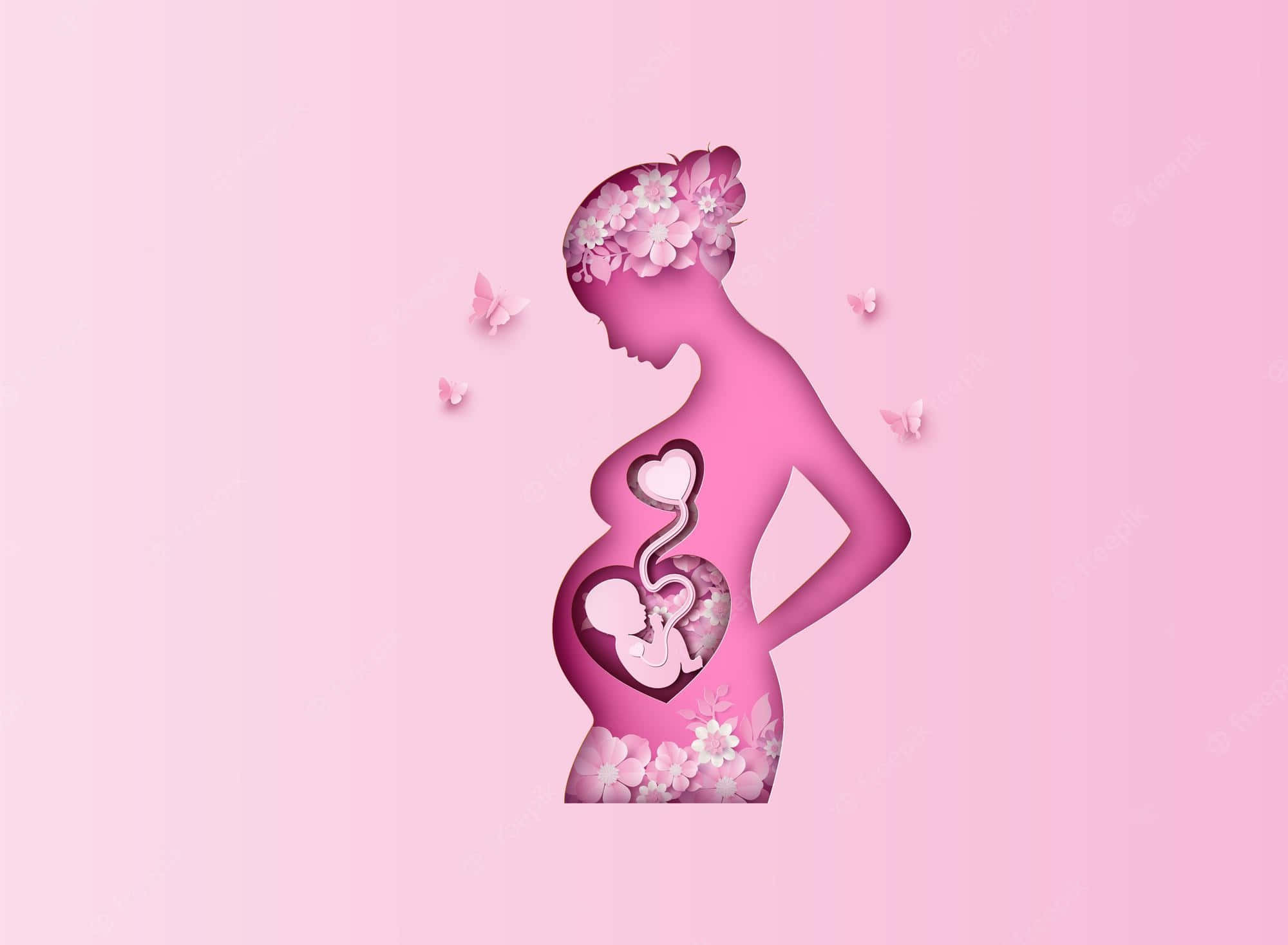 Pregnant 桌布 壁紙 — 粉紅色剪紙剪影，描繪一位孕婦，飾以花朵和蝴蝶，懷抱心形胎兒插圖。