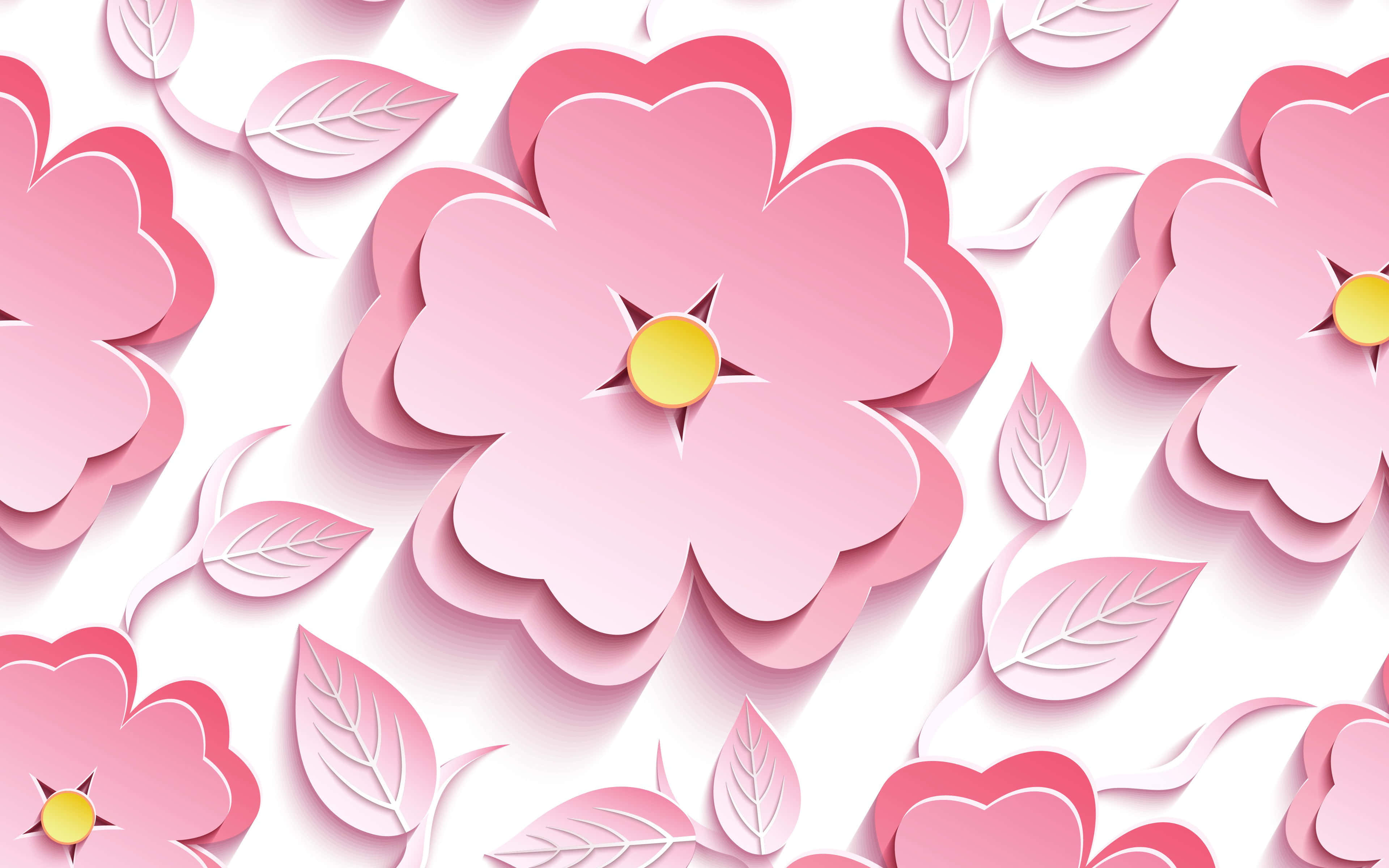 Kawaii Flower 桌布 壁紙 — 粉紅色剪紙花朵，黃色花心和葉子，漂浮在帶有柔和陰影的白色背景上。
