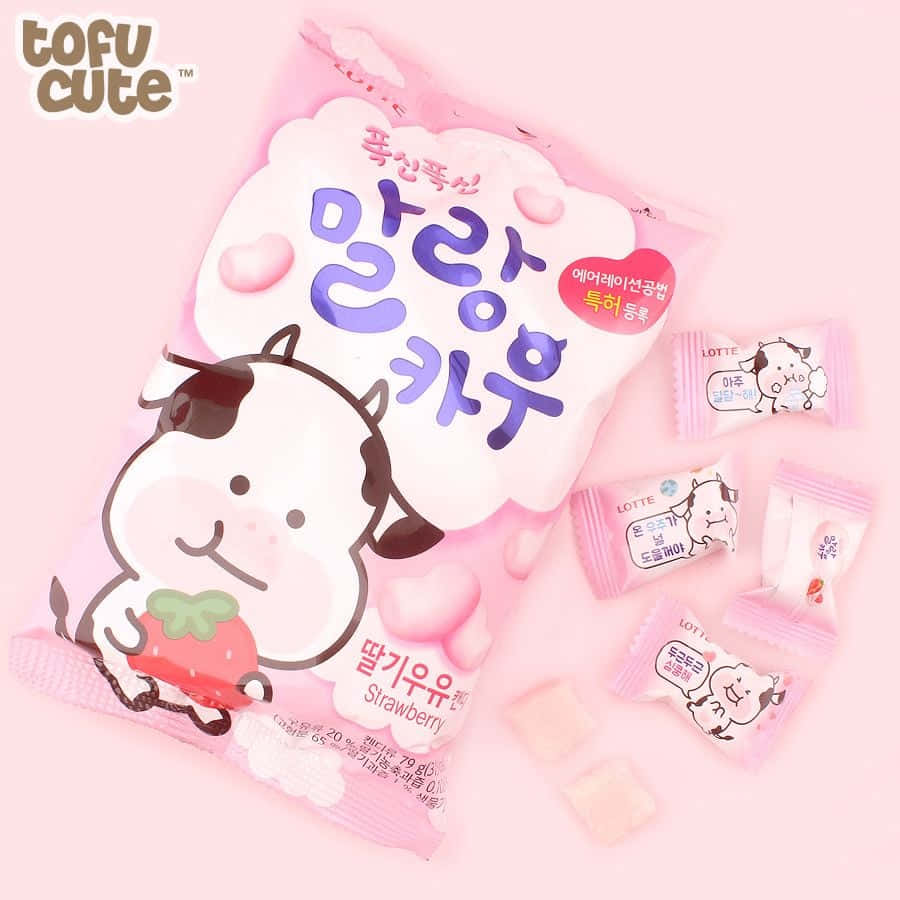 Kawaii Cow 桌布 壁紙 — 粉紅色包裝的草莓味豆腐糖，配有可愛的牛吉祥物和散落的獨立包裝紙，背景為柔和粉紅色。