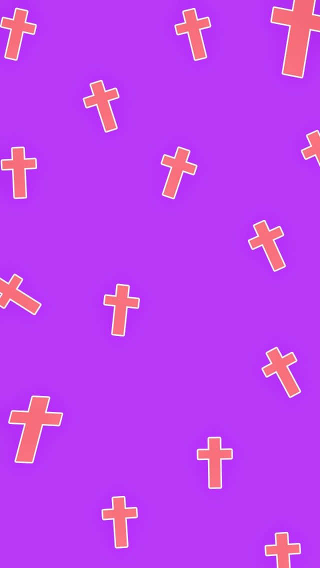 Pink Cross 桌布 壁紙 — 粉紅色十字架在充滿活力的紫色背景上漂浮，形成重複圖案。