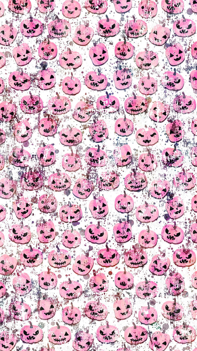 Cute Pumpkin iPhone 桌布 壁紙 — 粉紅色南瓜燈籠重複圖案，帶黑色咧嘴笑，背景為白色潑濺。
