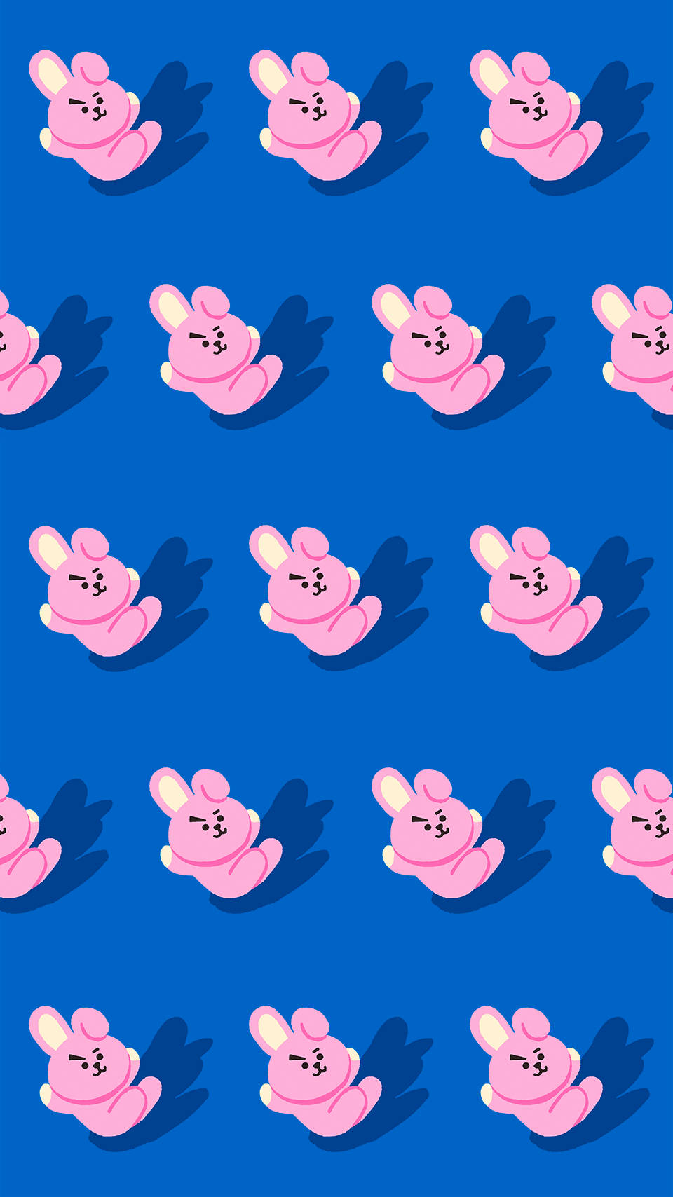 Cooky Bt21 桌布 壁紙 — 粉紅色卡通兔子帶著憤怒的表情，在鮮藍色背景上投下陰影，形成重複圖案。