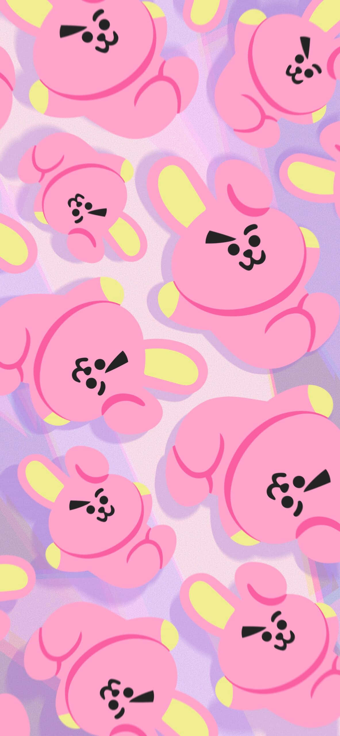 BT21 桌布 壁紙 — 粉紅色卡通兔子帶著憤怒的表情，在柔和的紫色漸變背景上漂浮。