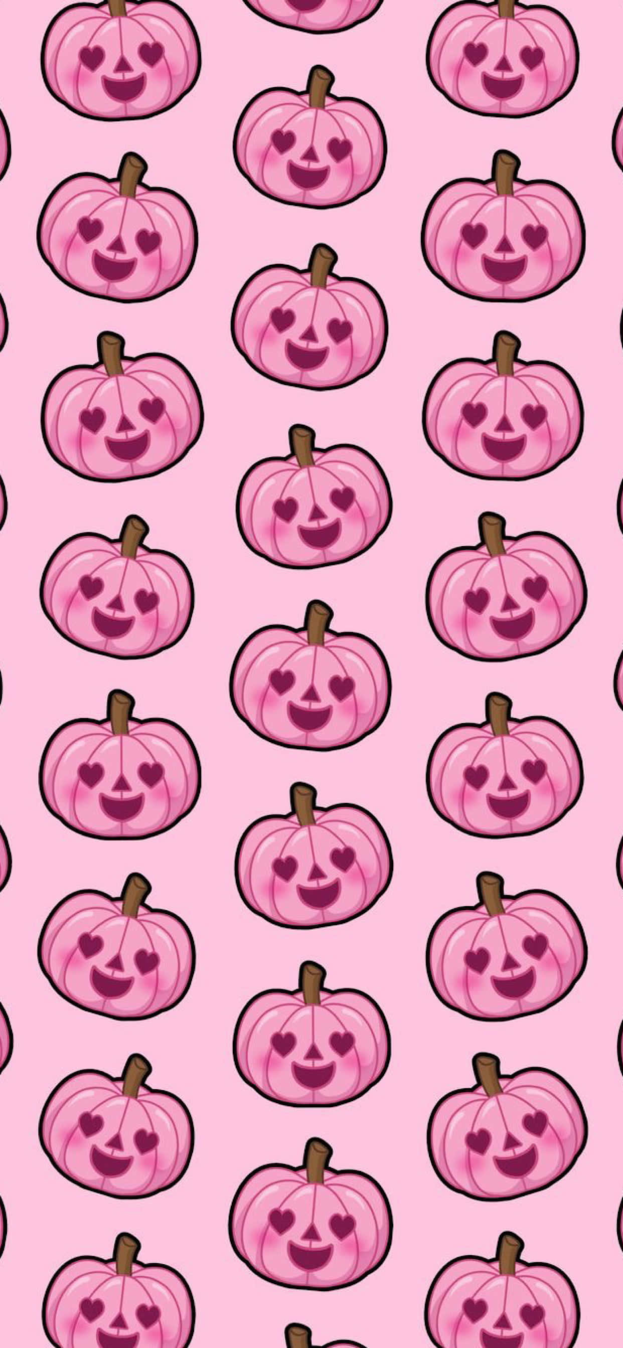 Cute Pumpkin iPhone 桌布 壁紙 — 粉紅色卡通南瓜帶有心形眼睛，在柔和的粉紅色背景上以歡快的圖案重複。