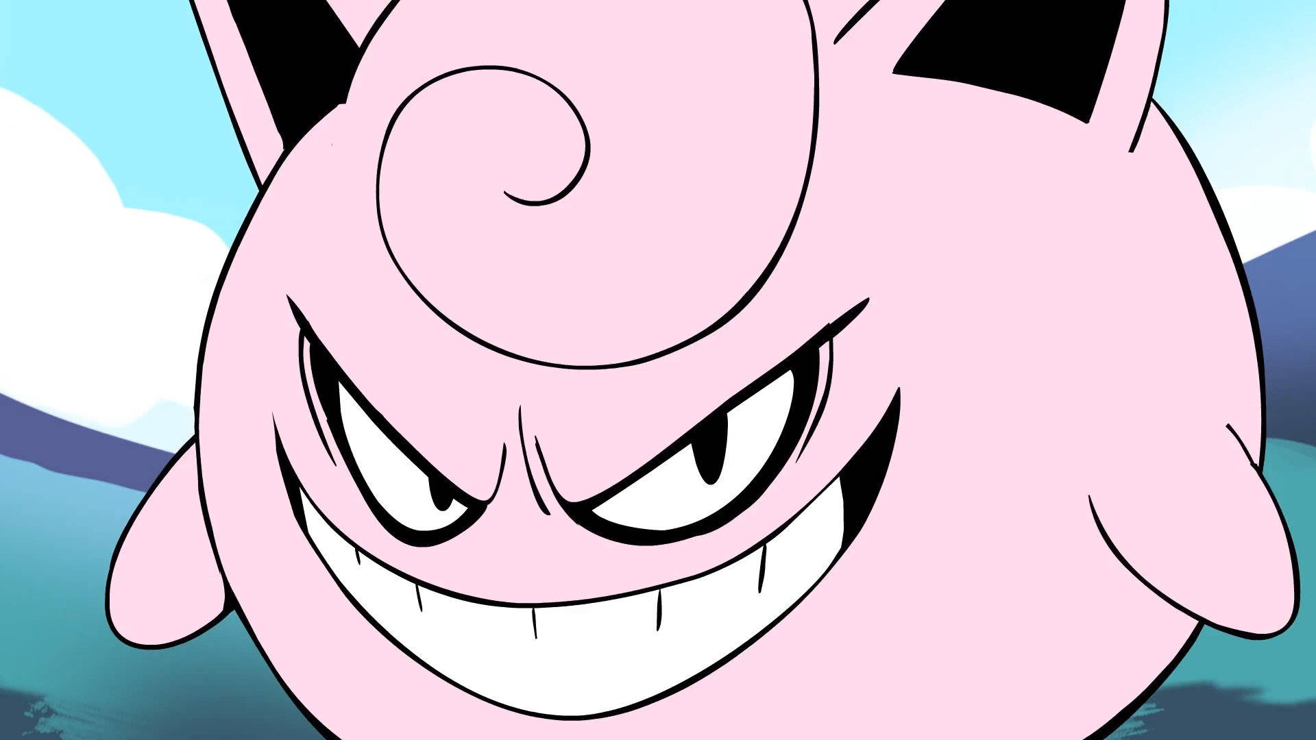 Jigglypuff 桌布 壁紙 — 粉紅色卡通寶可夢的近距離特寫，露出威脅性的笑容和尖銳的牙齒，背景是藍天。