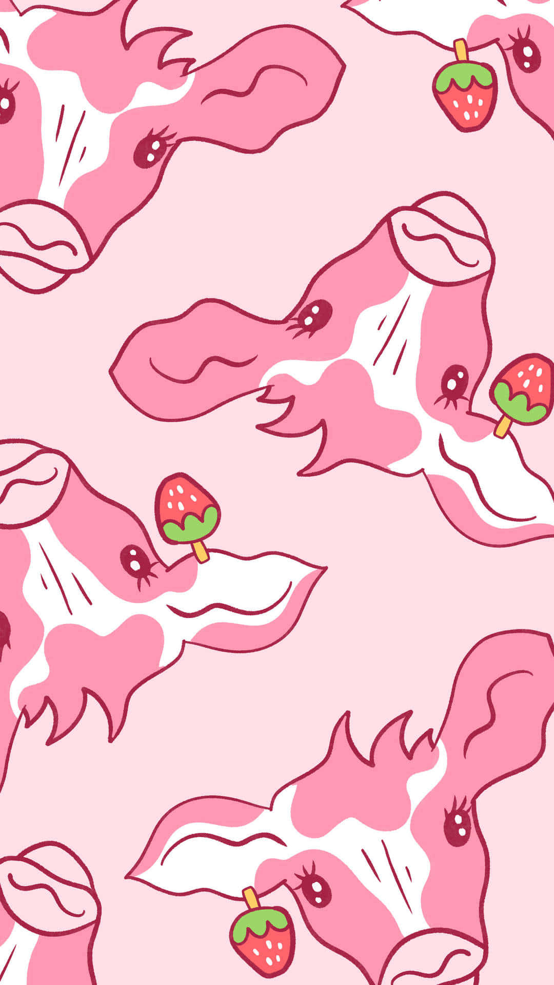 Strawberry Cow 桌布 壁紙 — 粉紅色卡通牛在粉彩粉紅色背景上拿著草莓冰棒的可愛重複圖案。