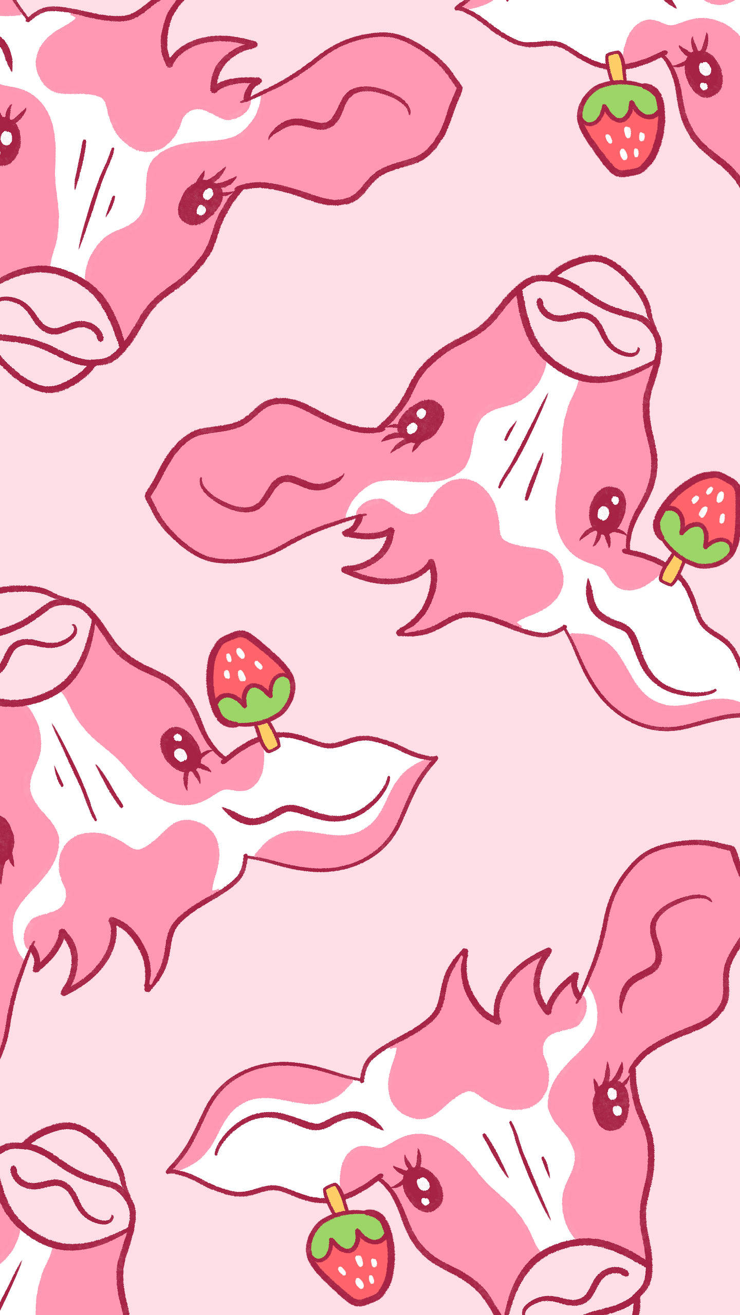 Strawberry Cow 桌布 壁紙 — 粉紅色卡通牛拿著草莓棒棒糖，在柔和的粉紅色背景上以俏皮的重複圖案漂浮。