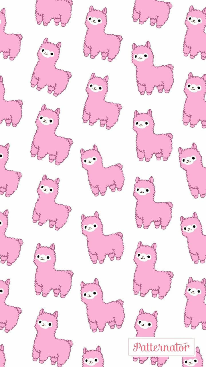 Alpaca 桌布 壁紙 — 粉紅色卡通羊駝帶有可愛的臉孔，在潔白背景上以俏皮圖案重複出現。