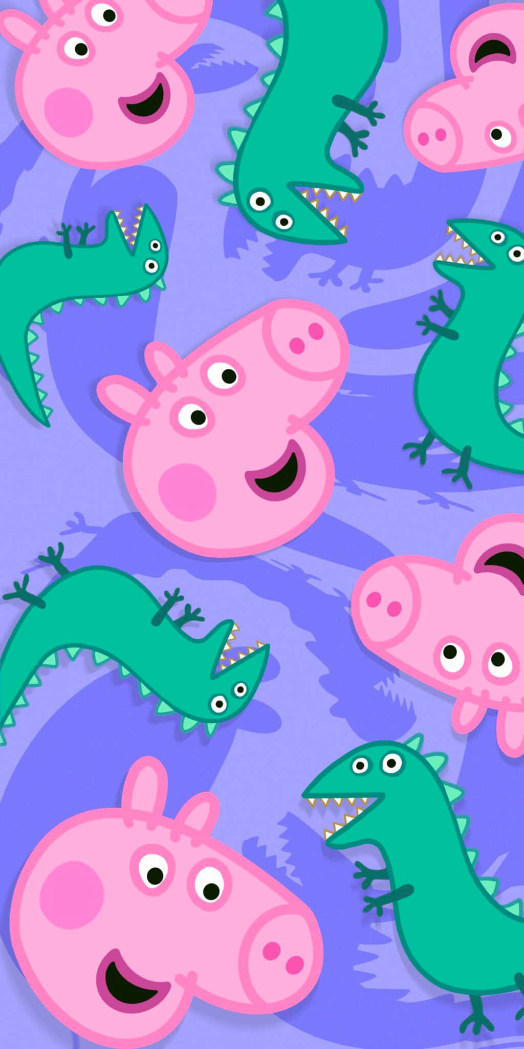George Pig 桌布 壁紙 — 粉紅色卡通豬和綠色恐龍在旋轉的紫色背景上快樂地漂浮。