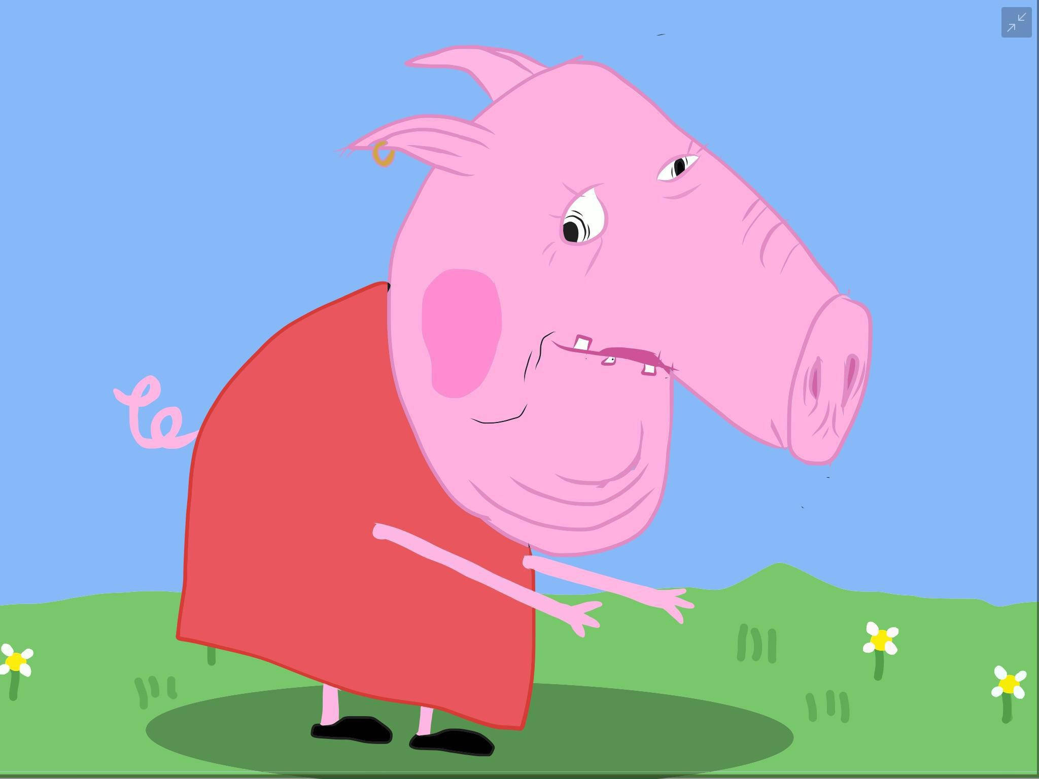 Peppa 桌布 壁紙 — 粉紅色卡通豬穿著紅色連衣裙，站在有藍天和小花的草地上。