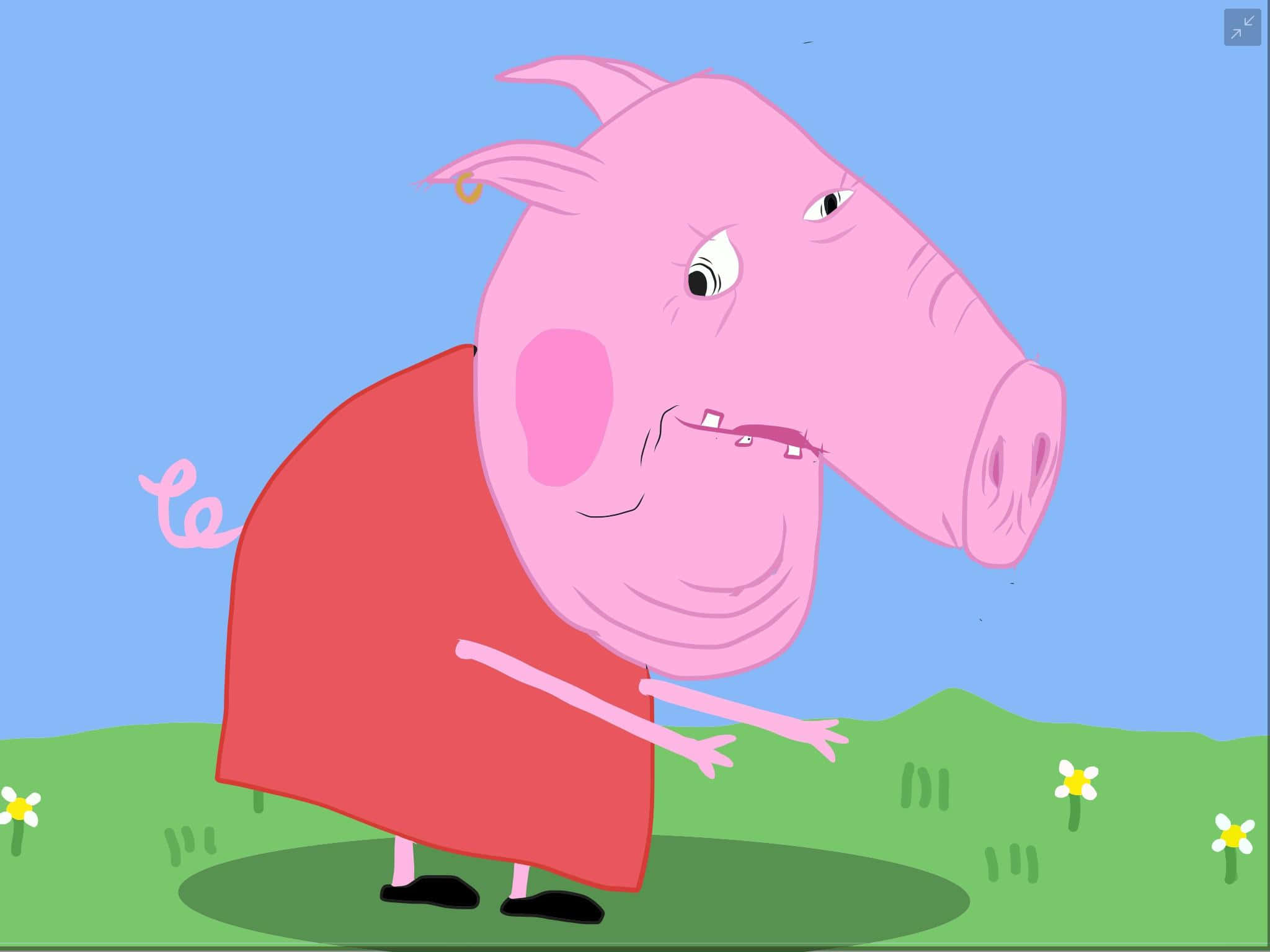 Peppa Pig Funny 桌布 壁紙 — 粉紅色卡通豬穿著紅色連衣裙站在草地上，藍天白雲，有小花。