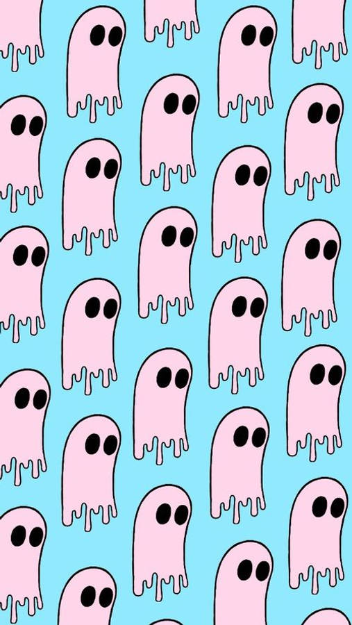 青色GIF 桌布 壁紙 — 粉紅色卡通鬼魂，黑色眼睛，在淺藍色背景上以重複圖案滴落。