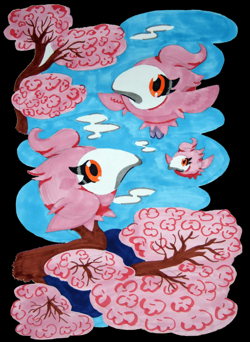 藝術 桌布 壁紙 — 粉紅色卡通鳥，橙色眼睛，在藍天白雲下飛翔於櫻花樹之間。