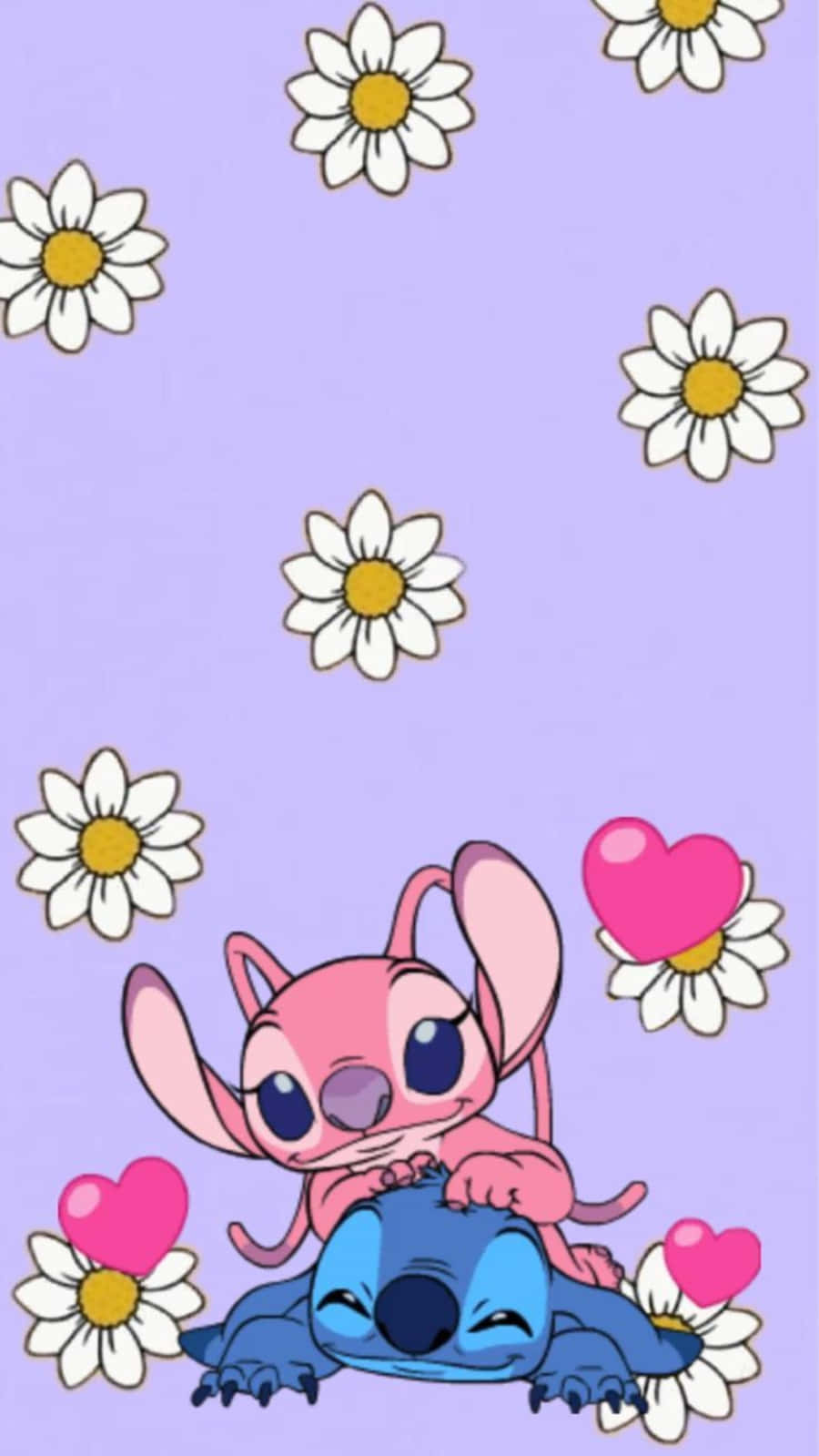 Love Stitch And Angel 桌布 壁紙 — 粉紅色史迪奇在薰衣草背景上，在漂浮的雛菊和愛心下方擁抱藍色史迪奇。