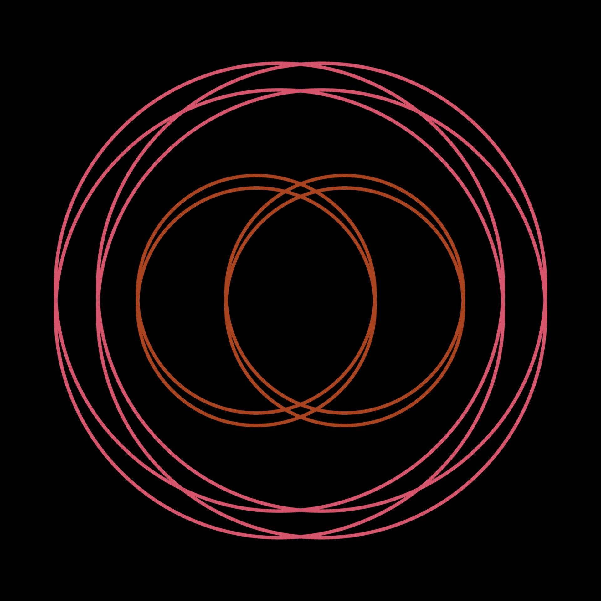 Hypnosis 桌布 壁紙 — 粉紅色和橙色發光的圓圈相互交織，在漆黑的背景上形成催眠般的幾何圖案。