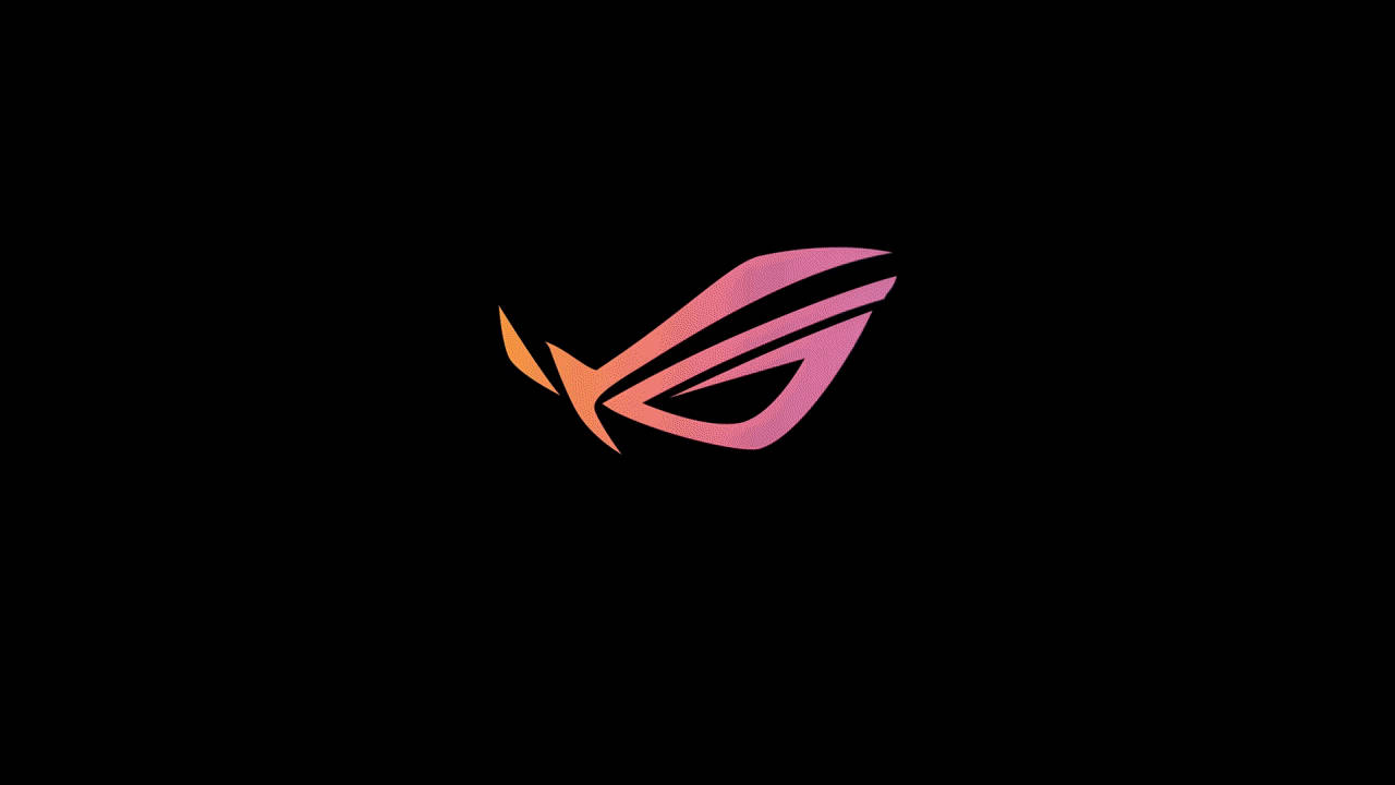 RGB 桌布 壁紙 — 粉紅色和橙色的發光漸變 ROG 眼睛標誌在純黑色背景上脈動。