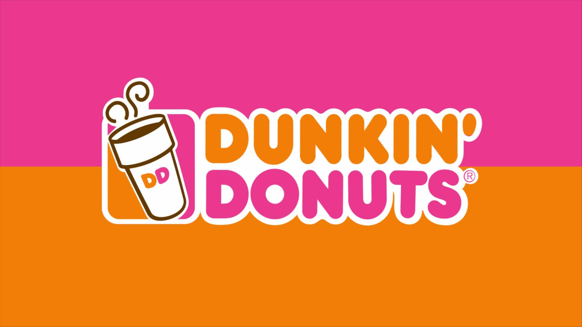 donuts 桌布 壁紙 — 粉紅色和橙色背景上帶有咖啡杯圖示的Dunkin' Donuts標誌。