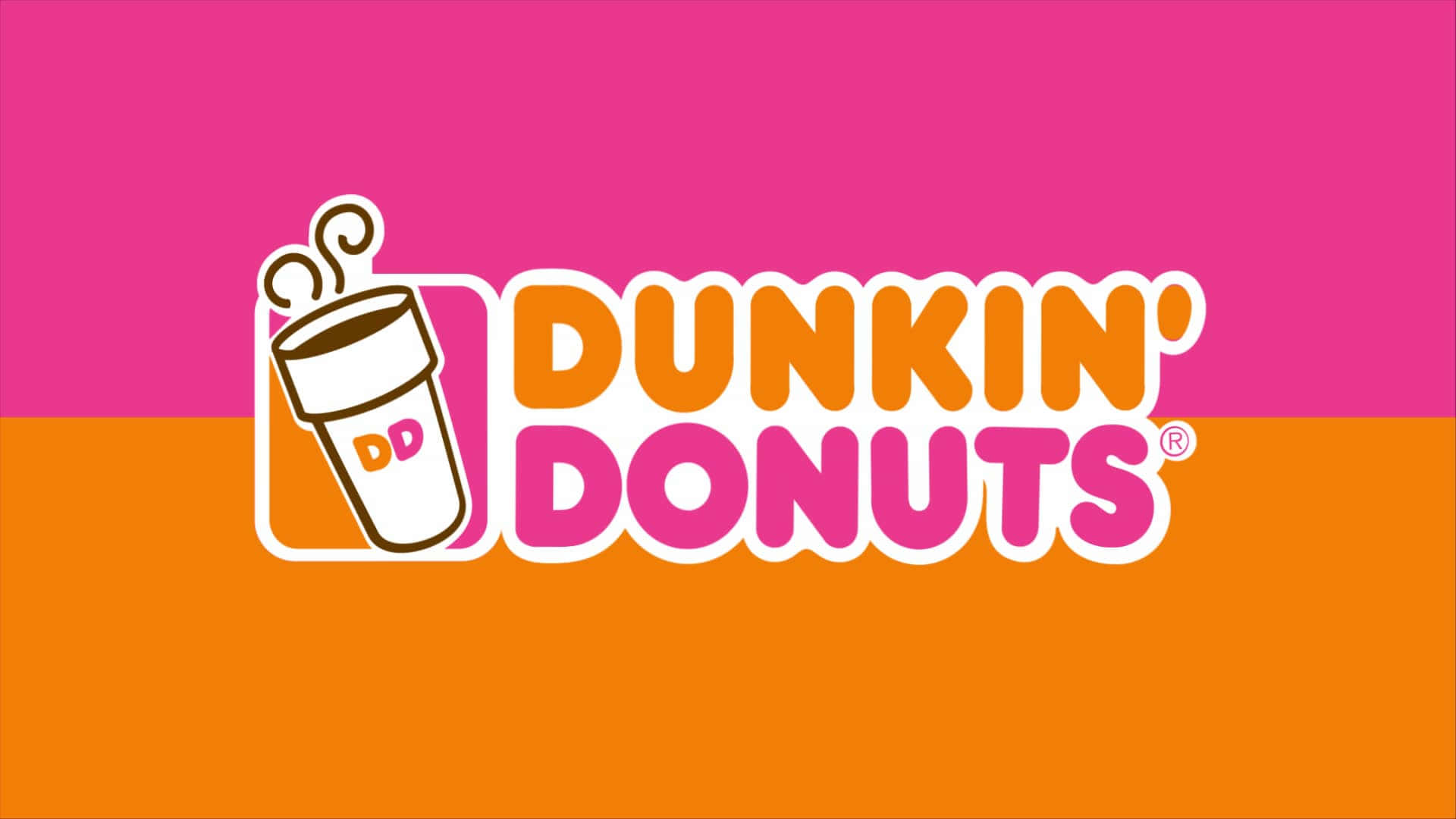 Dunkin Donuts 桌布 壁紙 — 粉紅色和橙色背景上的Dunkin' Donuts標誌，帶有咖啡杯圖示。