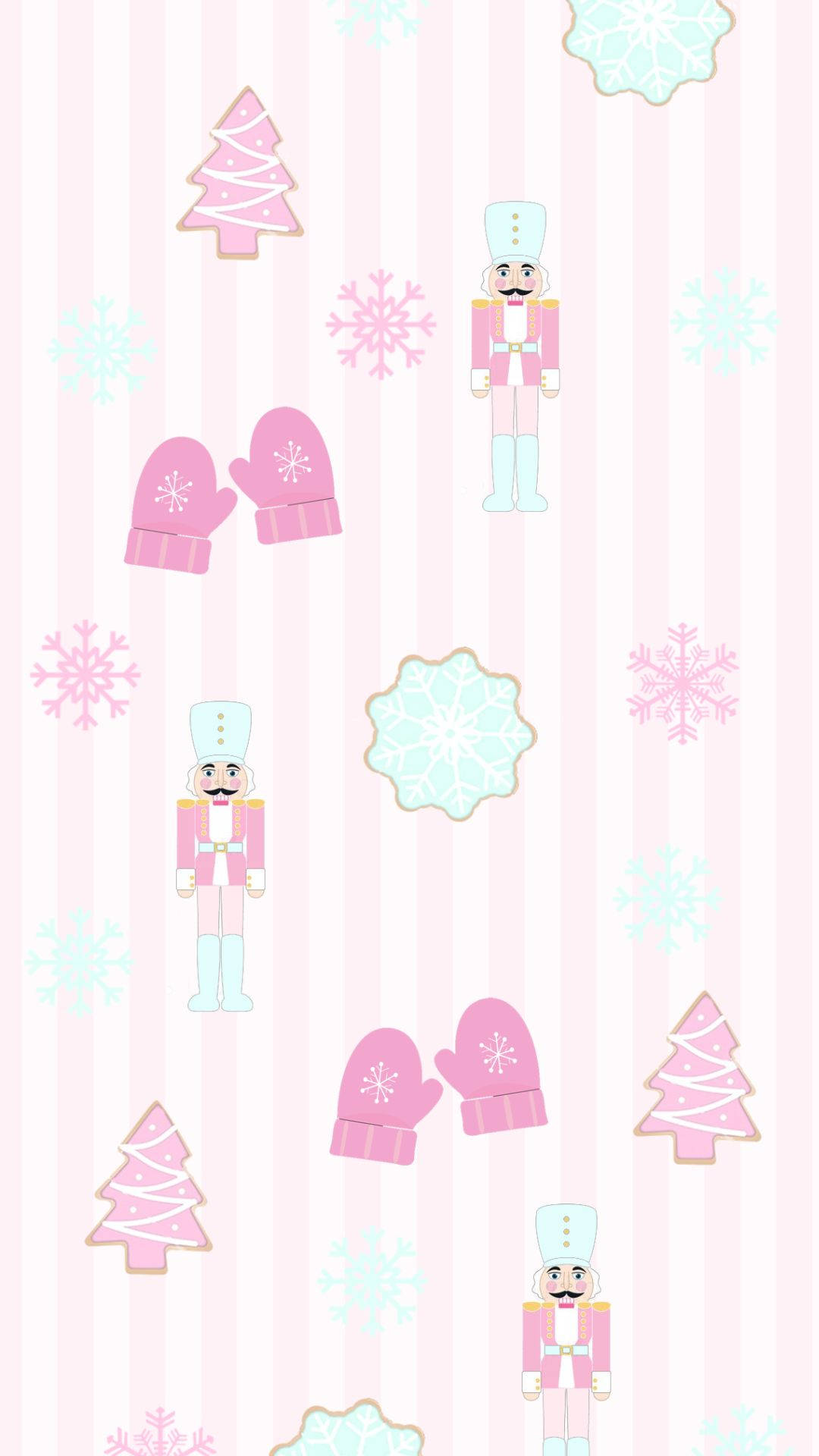 Kawaii Christmas 桌布 壁紙 — 粉紅色和淺藍色的聖誕胡桃夾子樹和手套漂浮在柔和的粉紅色垂直條紋上。